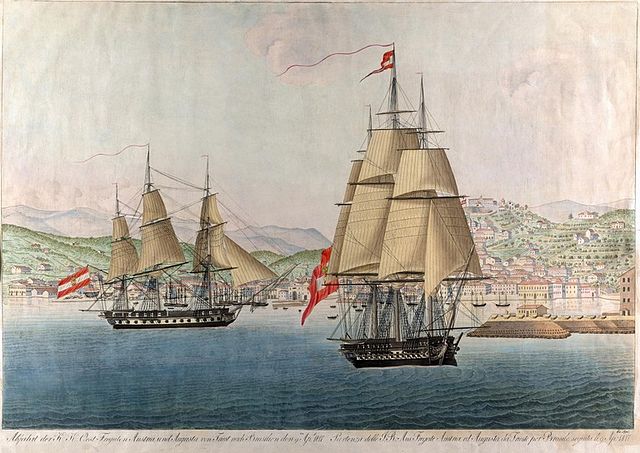 The Austrian frigates Augusta and Austria in the port of Trieste prior to the voyage of Maria Leopoldina to Brazil
