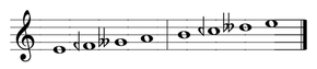 Greek Dorian enharmonic genus: two disjunct tetrachords each of a quarter tone, quarter tone, and major third. Greek Dorian enharmonic genus.png