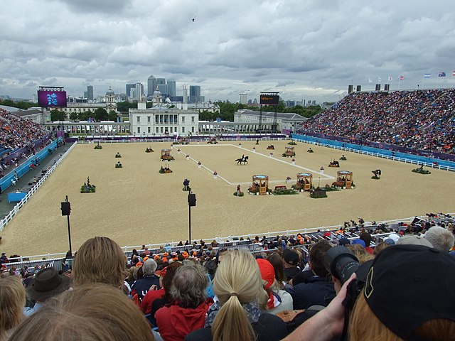 The dressage Grand Prix Special competition in the equestrian stadium at Greenwich Park.