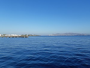 Blick von der Stadt Kos auf einen Teil des Golf von Kos Richtung Cap Ammoudia und die türkische Küste