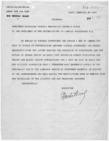 A 1946 telegram sent by Ho Chi Minh, the leader of the Viet Minh and head of the Provisional Revolutionary Government of the Democratic Republic of Vietnam, addressed to president Harry S. Truman asking the United States to get involved in Vietnam in support of Vietnamese independence. Ho Chi Minh demande alors le soutien de l'imperialisme americain contre les Francais. Les USA l'avaient jusque la arme car il s'agissait de la guerre contre le Japon.png