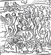 Houtfyk út 1557 fan Hans Staden toant in kannibalefeest fan de Tupinambá; Staden is de neakene man oantsjut mei "H+S"