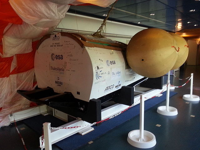 Drop-test model of the IXV with the flotation balloons inflated, as displayed in ESA ESTEC. The flaps in this model cannot move.