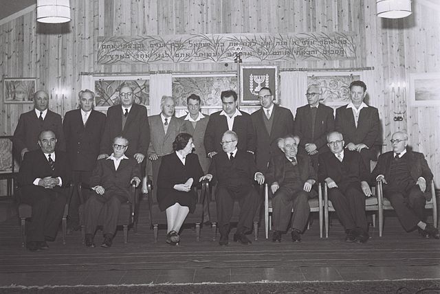 January 8, 1958:Ministers of the Eighth Government with the President. Sitting from left to right: Levi Eshkol, Yisrael Bar-Yehuda, Golda Meir, Presid