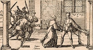 Jacques Clement, a supporter of the Catholic League, assassinating Henry III in 1589 Jacques Clement.jpg