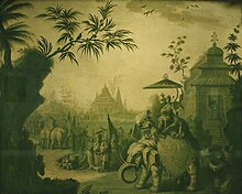 Verdaille example A Chinoiserie Procession of Figures Riding on Elephants with Temples Beyondby Jean-Baptiste Pillement Jean-Baptiste Pillement - A chinoiserie procession of figures riding on elephants with temples, oil on canvas.jpg