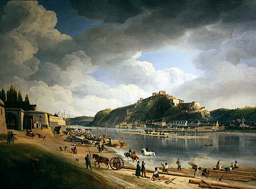 Johann-Adolf-Lasinsky: Koblenz-Ehrenbreitstein 1828; Flößerei auf dem Rhein bei Koblenz