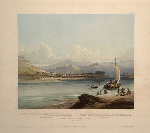 Camp of the Gros Ventres of the Prairies on the upper Missouri. (circa 1832): aquatint by Karl Bodmer from the book "Maximilian, Prince of Wied’s Trav