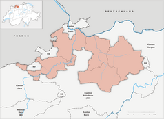 Mapa konturowa Bazylei-Okręg, blisko centrum na prawo znajduje się punkt z opisem „Liestal”