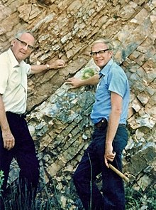 Luis (left) and Walter Alvarez (right) at the K-Pg boundary in Gubbio, Italy in 1981. This team discovered geological evidence for an asteroid impact causing the K-Pg extinction, spurring a wave of public and scientific interest in mass extinctions and their causes LWA with Walt.JPG