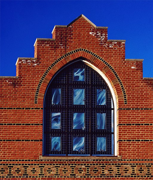 File:Lavers and Barraud Building stained glass gable window by Brian Clarke.jpg