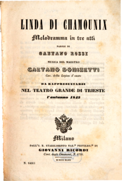 Giovanni Ricordi 1843-ban Milánóban megjelent librettójának címlapja.