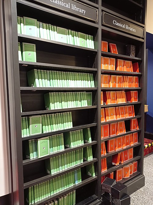 Greek (green) and Latin (red) volumes of the Loeb Classical Library in a London bookshop