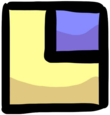 一个手绘风格的标志，整体上是一个黄色的正方形，正方形右上四分之一的区域是一个蓝紫色的小正方形，两个正方形都有黑色的描边。