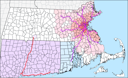 The MBTA Commuter Rail serves Eastern Massachusetts and parts of Rhode Island radiating from Downtown Boston, with planned service to New Hampshire. The CTrail system operates the Shoreline East and Hartford Lines, covering Coastal Connecticut, Hartford, and Springfield, Massachusetts MBTA Commuter Rail and funding district and CTrail lines.svg