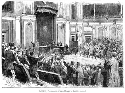 Engraving of the proclamation of the republic by Josep Lluís Pellicer, 1873.