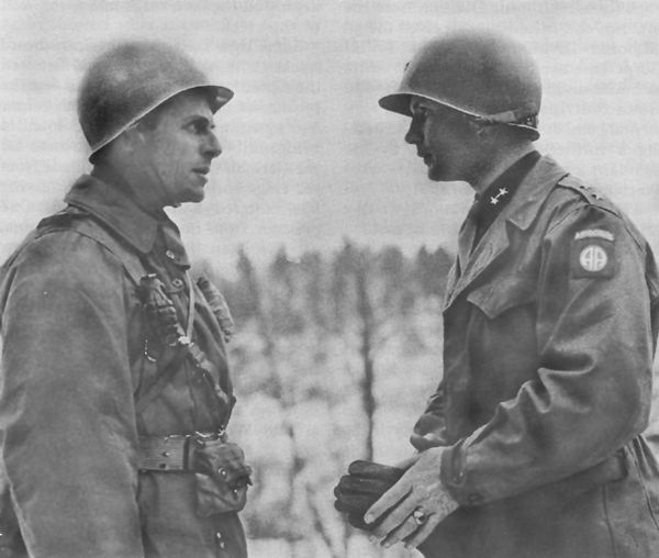 Ridgway and Major General James M. Gavin during the Battle of the Bulge, December 19, 1944