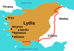 Lo reiaume de Lidia en -547. En roge la frontièra au sègle VII abC