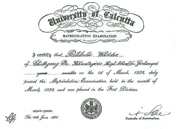 Matriculation examination certificate of Pritilata