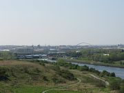 The view from Maze Park viewing hill looking west. Note the River Tees and in the distance, the Tees Barrage and Infinity Bridge