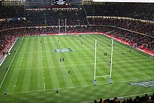 Millennium Stadium, Cardiff, Wales prior to a Wales vs England Six Nations Championship game. The annual rugby union tournament (which includes Scotland and Ireland) takes place over six weeks from late January/early February to mid March. Millennium Stadium 6 Nations.jpg