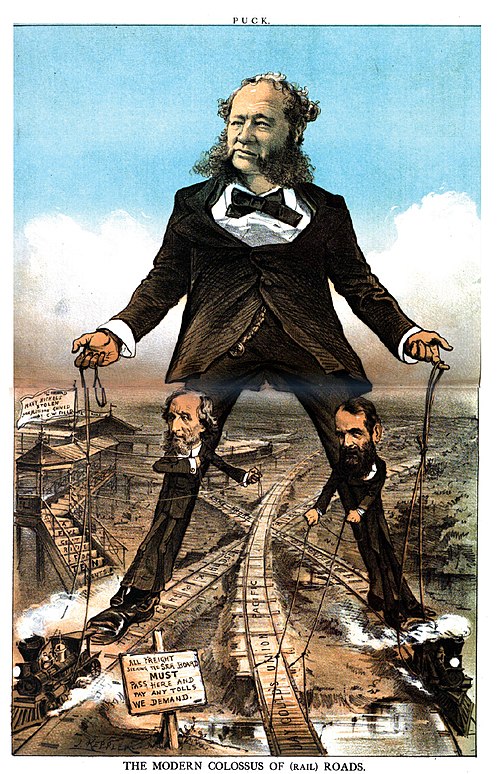 This 1879 anti-monopoly cartoon depicts powerful railroad barons controlling the entire rail system.