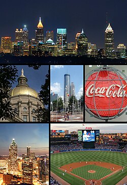 Din stânga sus: panoramă de la Buckhead, Georgia State Capitol, Centennial Olympic Park, World of Coca Cola, panorama Centrului Atlantei și Turner Field