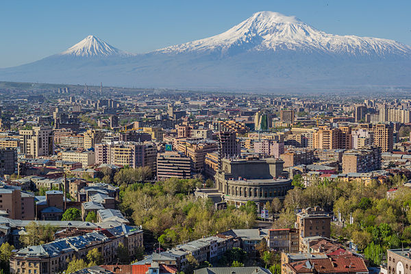 Mount Ararat, today located in Turkey, as seen from Armenia's capital Yerevan. The mountain is a symbol of Eastern Turkey  for many Armenians.[a]