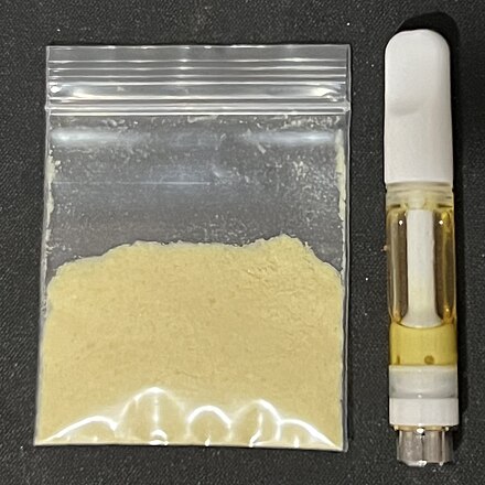 Free base N,N-DMT extracted from Mimosa hostilis root bark (left); vape cartridge made with freebase N,N-DMT extract (right)