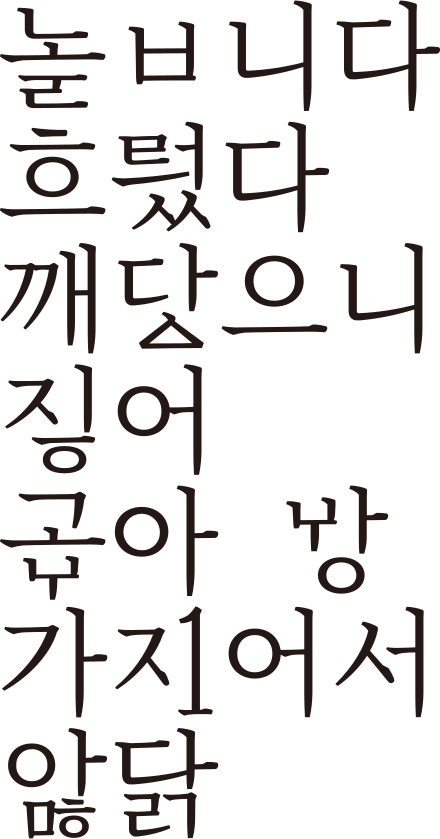 Seven words written in New Orthography. The standard spellings are 놉니다, 흘렀다, 깨달으니, 지어, 고와, 왕, 가져서, and 암탉.