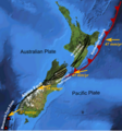 De større brudlinier i New Zealand med den relative bevægelse af den australske plade og Stillehavspladen