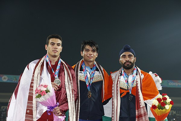 The three medallists Neeraj Chopra Of India(Gold) , Ahmed B A Of Qatar(Silver) And Davinder Singh Of India(Bronze).jpg