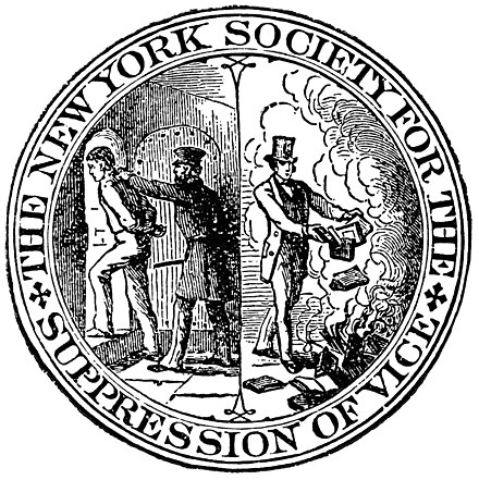 Symbol of the "New York Society for the Suppression of Vice", advocating book-burning