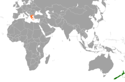 Mapa označující umístění Nového Zélandu a Řecka