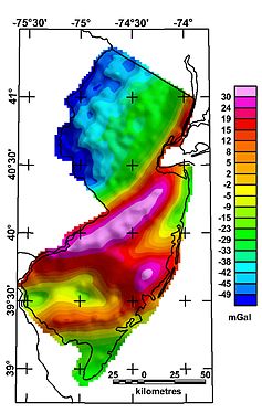 (Bouguer) gravity anomaly map of the state of New Jersey (USGS) Nj cboug.jpg