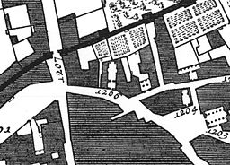 Santa Dorotea (nummer 1206) på Giovanni Battista Nollis Rom-karta från 1748. Övriga avbildade kyrkobyggnader: 1203) San Giovanni della Malva och 1204) Oratorio di San Giovanni della Malva.
