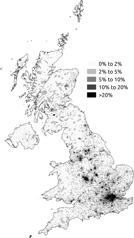 Percentage of the population not white according to the 2011 census