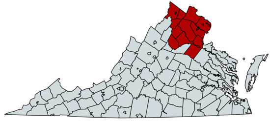 The counties of Virginia that form part of the Washington-Baltimore Combined Statistical Area.