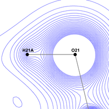 Electron density isosurface map around a covalent bond modelled with the Multipole Model, with populational parameters taken from the ELMAM2 database. Note the elongated high-density area next to the hydrogen atom, pointing in the direction of oxygen. OH bond charge density resulting from MM.png