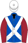 Royal blue, white cross belts, maroon sleeves, white cap