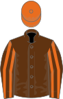 Brown, orange striped sleeves, orange cap