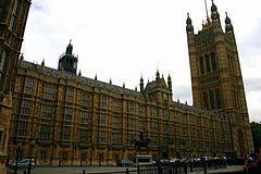 View of Parliament from Parliament Square, showing the members entrance and the Victoria Tower