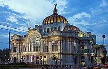 Palaco de Bellas Artes, Mexico City, from across Eje Central Lazaro Cardenas in evening.jpg