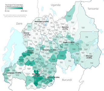 Ethnic distribution of Tutsis in 1983.   0% Tutsi •   45.5% Tutsi