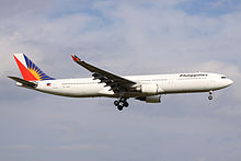 The Philippine Airlines livery (pictured on an Airbus A330-300) features two triangles, one red on the other blue, with an eight-ray sun on the blue triangle of the tail, evoking a sail. Philippines A330-300(RP-C3340) (4092086155).jpg