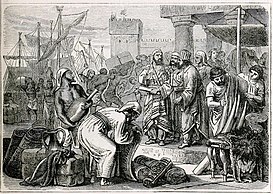 19th-century depiction of Phoenician sailors and merchants. The importance of trade to the Phoenician economy led to a gradual sharing of power between the King and assemblies of merchant families. Phoenician Merchants and Traders.jpg