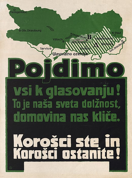 Poster in het Sloveens (Tekst: "Laten we gaan stemmen! Dit is onze heilige plicht, het vaderland roept ons. U bent Karinthiërs en u blijft Karinthiërs!")Op het kaartje worden de zones A en B weergegeven. In het wit aangeduid zijn de gebieden die al aan het Koninkrijk der Serviërs, Kroaten en Slovenen waren toegewezen.