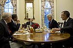 Thumbnail for File:President-elect Obama with former Presidents Bush (41), Carter and Clinton and current President Bush in the Dining Room of the West Wing at the White House on Jan. 7, 2009.jpg