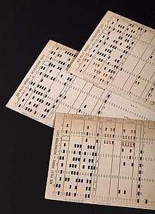 Punch cards, detail view against dark grey background, for Pilot ACE computer, built at the National Physical Laboratory (United Kingdom), circa 1950. Science Museum London Punch cards in tray for Pilot ACE computer built at the National Physical Laboratory c. 1950 (9672239226).jpg