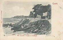 Villa Spinola, the HQ of Garibaldi, and the Scoglio dei Mille rock in front of it from which the expedition embarked on 5 May 1860. Postcard 1900 Quarto - Villa Spinola e Scoglio di Garibaldi (1900).jpg